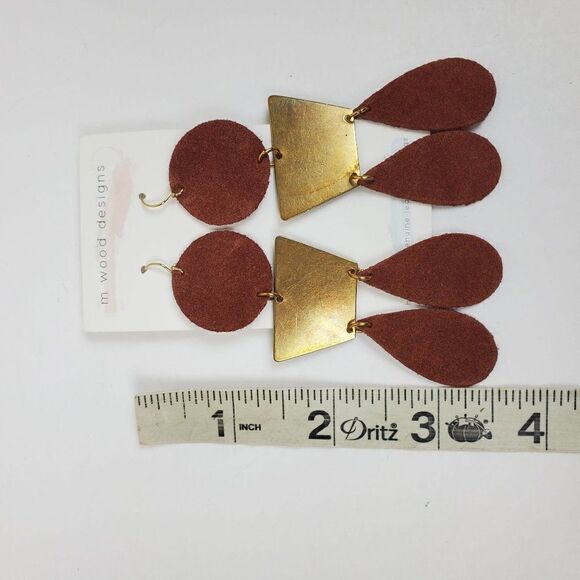 Artisan Cognac Red Brown Genuine Suede Leather Round Teardrop Dangle Earrings - Picture 3 of 6